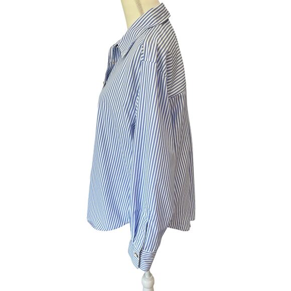 ZARA Shirt Womens Large Blue Striped Poplin Contrasting Buttons Lightweight - Picture 6 of 11
